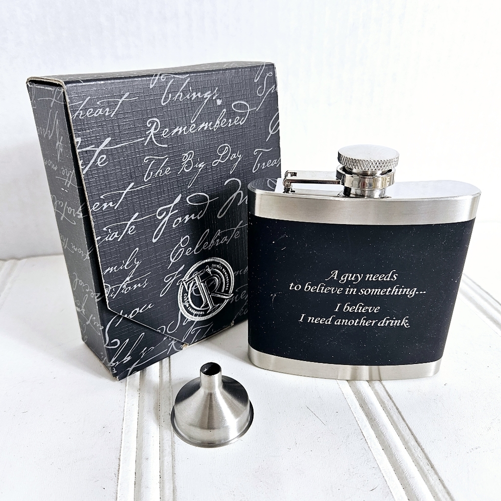Things Remembered Stainless Steel 6 oz Flask with Funnel & Screw Cap New in Box